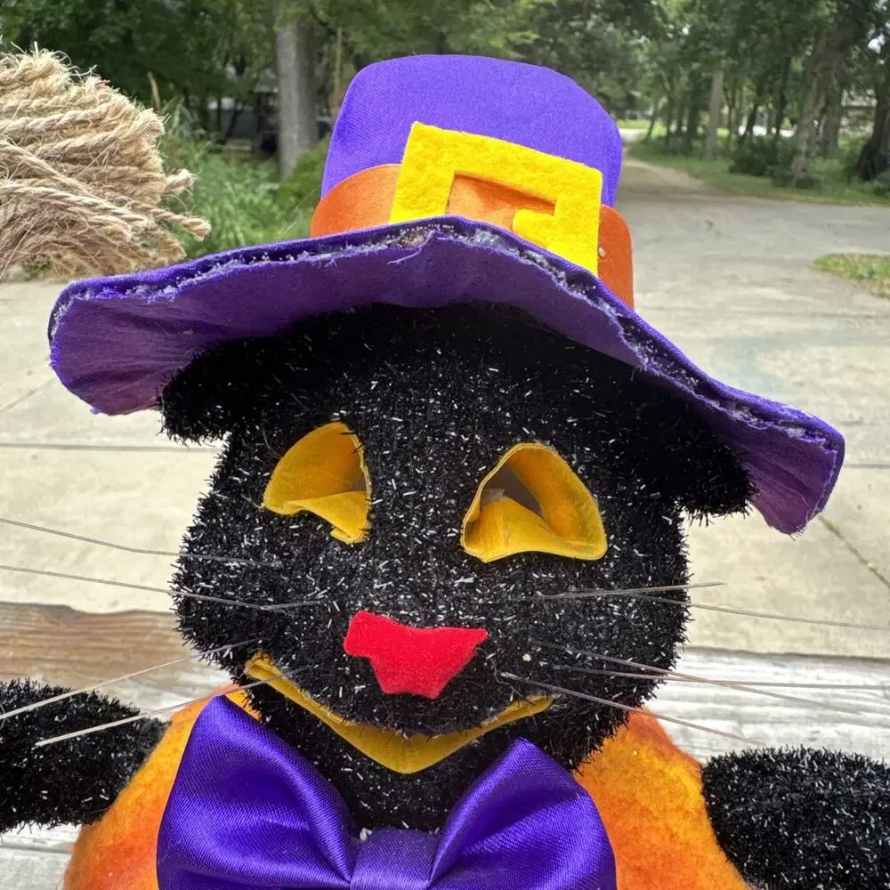 Vtg Fiber Optic Wizard Witch Black Cat Hat Jack ‘O Lantern Lighted 12” Halloween